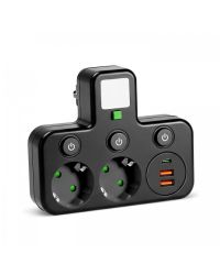 Kobi LINEA PRO FL3 Stekkerverdeler 2-voudig met 2x USB-A + USB-C en Nachtlamp 4000K Zwart