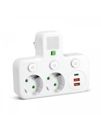 Kobi LINEA PRO FL3 Stekkerverdeler 2-voudig met 2x USB-A + USB-C en Nachtlamp 4000K Wit